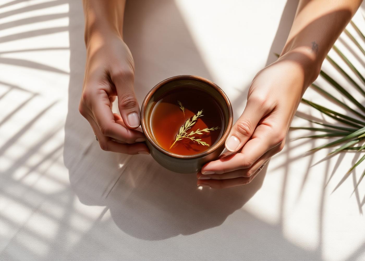 Hands holding herbal tea in soft natural light