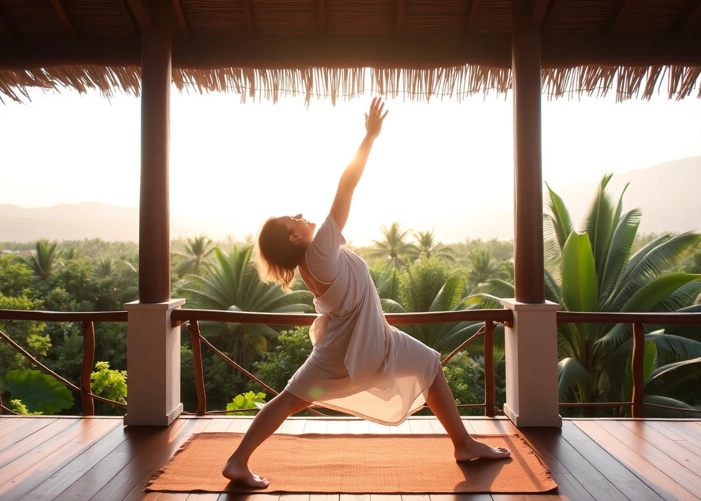 Person stretching on a wooden deck at sunrise in Bali