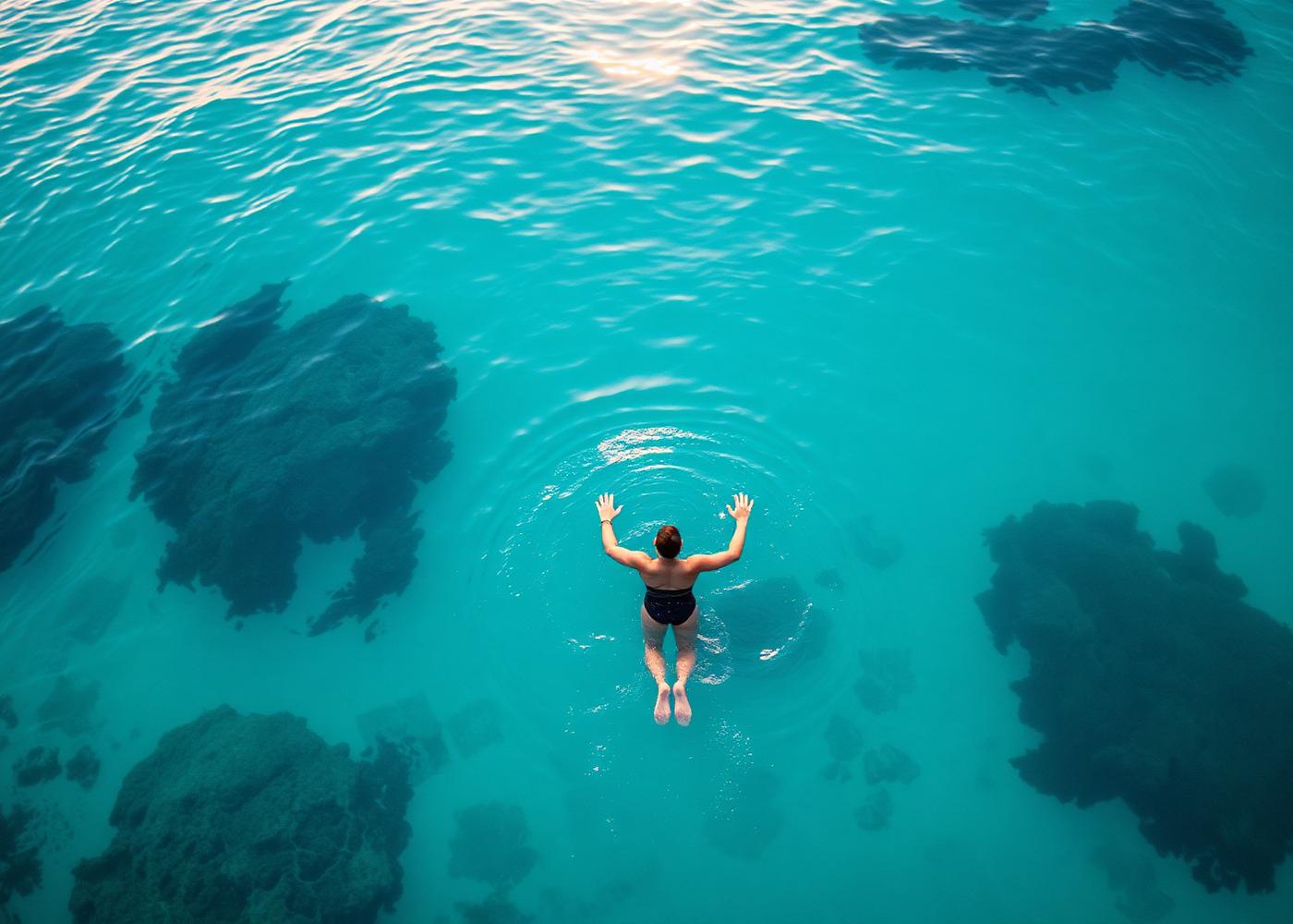 Cold morning ocean swim at sunrise.