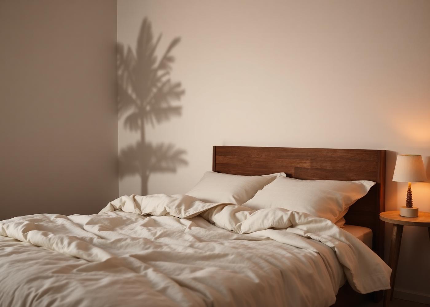 A linen-covered bed at dusk with a soft bedside lamp.